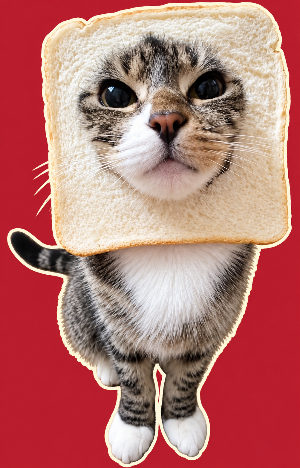 Tabby cat wearing a slice of bread, outlined in cream